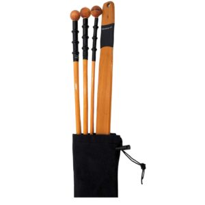Three smooth rattan canes and one rattan paddle stored neatly inside a black cloth bag. These are used in cane BDSM play.
