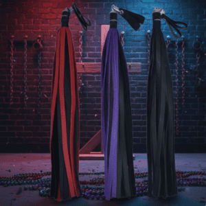 Red Purple and Black Leather Flogger from TKS being shown in a dungeon