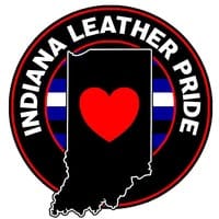 Indiana Leather Pride circle logo on a black background with a heart in the center in the shape of Indiana