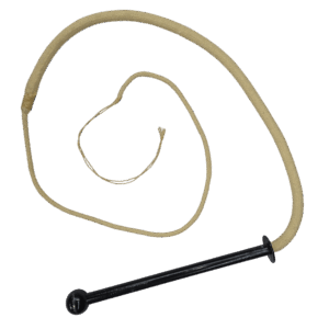 The yellow kevlar fire whip coiled with solid oak black handle