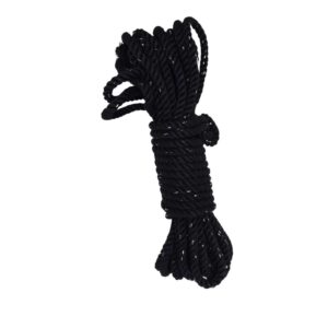 Zoom out of conductive shibari rope showing the interwoven threads designed for electrical conductivity during e-stim scenes.